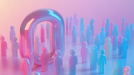 Aufkleber - A colorful scene with abstract figures representing people. The focus is on a large lock shape symbolizing security and protection. Perfect for technology and social themes. AI