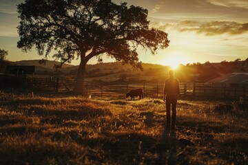 Wall Mural - A person stands next to a horse in an open field, possibly during a training session or a casual encounter