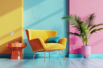 Poster - A cozy room with a bright yellow chair and a potted plant, perfect for home decor or design inspiration
