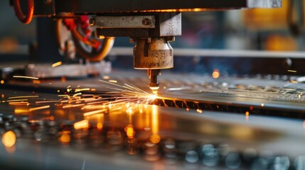 Poster - Close-up shot of a machine cutting through metal, with sparks flying everywhere