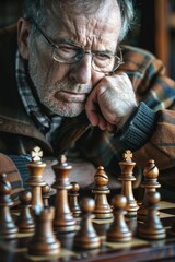 Poster - A person sitting at a table with a chess board, focused on the game