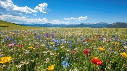 Peaceful meadow with wildflowers in bloom, under a bright blue sky with distant mountains