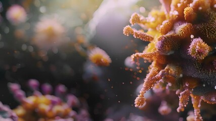 Poster - microscopic view of monkeypox virus cells multiplying and spreading, with particles transferring fro