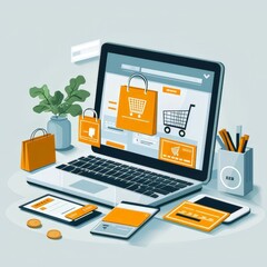 Wall Mural - Digital illustration depicting an online shopping concept with a laptop displaying a shopping cart, surrounded by a smartphone, credit cards, and shopping bags on a desk, symbolizing e-commerce and di