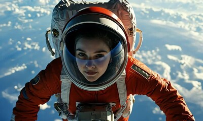 Sticker - Young astronaut floating in space above Earth with ai generated.
