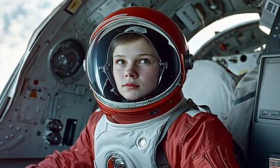 Sticker - Young astronaut in space suit inside spacecraft with ai generated.
