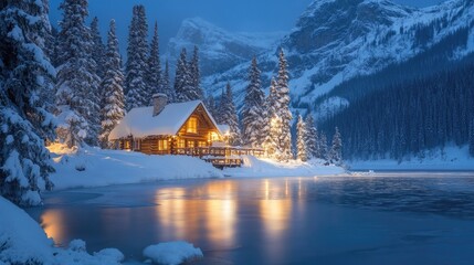 wonderland with snow-covered trees, a frozen lake, and a cozy cabin emitting warm light