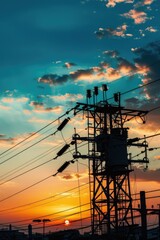 Poster - Power lines and surrounding landscape at sunset