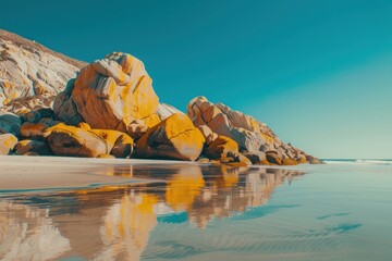 Wall Mural - Golden Rocks on a Tranquil Beach