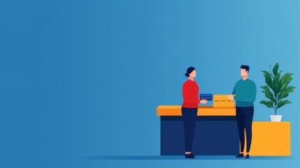 Wall Mural - Minimalist illustration of a customer receiving a package at a counter while holding a payment card, with a potted plant nearby and a blue background