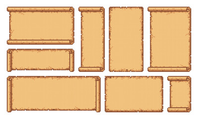 Wall Mural - 8 bit pixel art medieval paper scroll, parchment and manuscript, vector retro arcade game assets and app UI. Pixel art pirate treasure map scroll, old document, ancient papyrus, letter or diploma