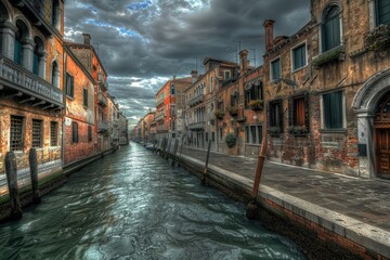 Poster - A tranquil scene of a city canal with buildings and a boat