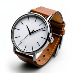 Canvas Print - A close up of a watch on brown leather strap with white face, AI