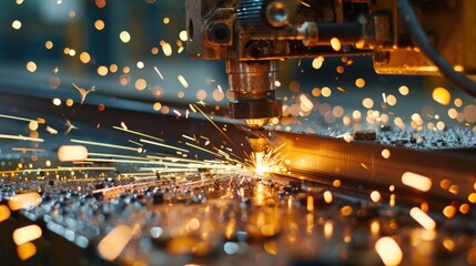 Poster - A machine cutting a piece of metal, producing sparks and heat