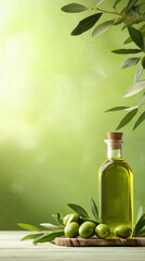 Wall Mural - A bottle of olive oil sits on a wooden table next to a bunch of green leaves