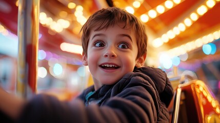 Boy having fun at a carnival, riding the Ferris wheel with wide eyes and a sense of wonder