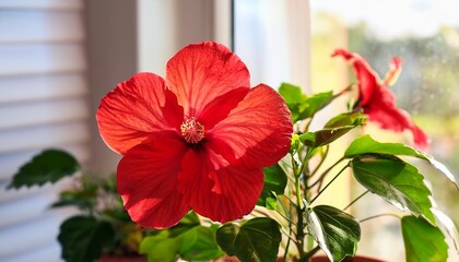 Wall Mural - beautiful potted red hibiscus flower on window sill