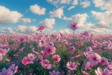 Poster - A vibrant field of pink flowers against a clear blue sky, perfect for use in nature-inspired designs or as a background element