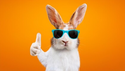 funny easter animal pet easter bunny rabbit with sunglasses giving thumb up isolated on orange background