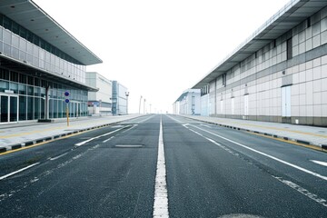 Poster - A long and empty street leading up to the entrance of a building, perfect for urban or cityscape photography
