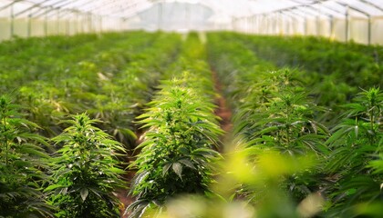 cannabis plant growing in field in indoor plantation greenhouse