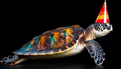 a sea turtle wearing a colorful party hat isolated on a black background