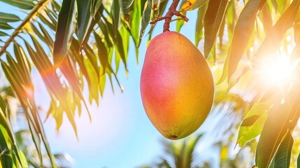 A single mango hanging from a tree branch with leaves framing the shot 