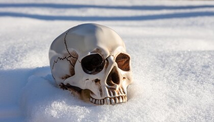 photography of a mock up of a skull lies down on thr snow at sunny day isolated symbol of death halloween theme