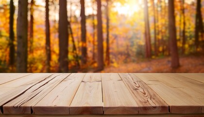 Sticker - the close up picture of the empty table that has made from the wood material and placed inside forest during fall season the autumn is one of four seasons occurring between summer and winter aigx02