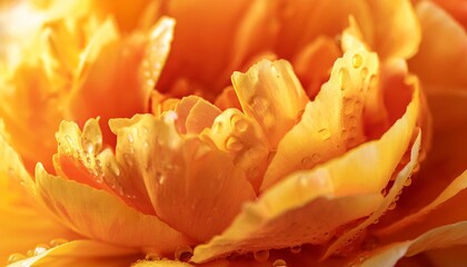 Wall Mural - close up of a flower textured backdrop wallpaper close up of smooth coral yellow petals of peony flowers in soft focus blooming yellow peony with many small water drops