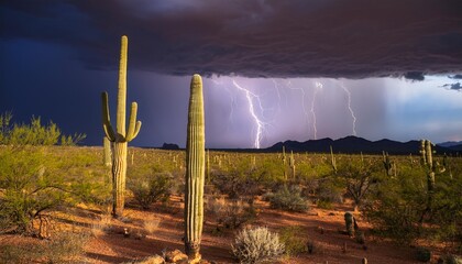 Wall Mural - monsoon storm with lightening over a desert with saguaro cactus