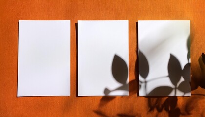 natural light casts shadows from the plant on 3 vertical rectangles sheets of white paper lying on a orange textured background mockup