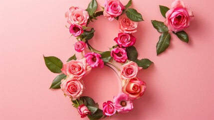 Poster - A creative numeral 8 made from pink roses on a pink background, perfect for decorative purposes or as a symbol of love and appreciation