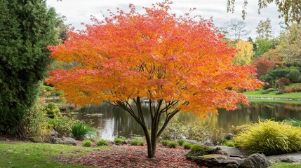 A Japanese maple tree in autumn, with its leaves turning a fiery red and orange against a serene garden backdrop