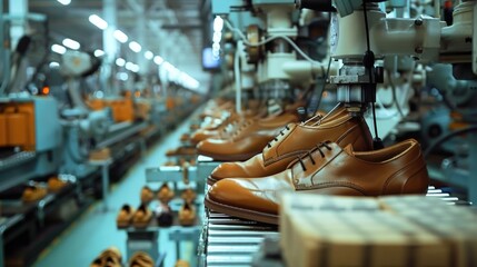 Poster - Shoes sitting on a conveyor belt, awaiting processing
