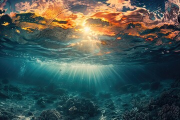 Poster - A photograph of sunlight shining through a calm water surface with a reflective quality