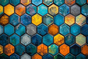 Poster - A striking arrangement of hexagonal tiles displays a mix of blue, orange, and textured surfaces. Generative AI