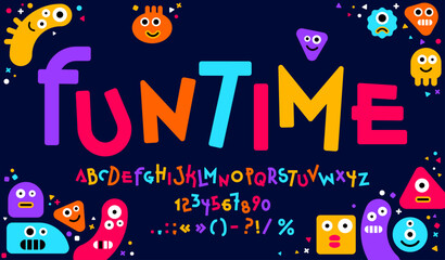 Wall Mural - Funny cute font, comic typeface, children game type, creative childish english alphabet with cartoon color monster characters. Funky letters and numbers font, cute funny abc characters and symbols