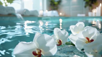 Poster - White orchid flowers gently float on calm water in a serene spa environment, creating a relaxing atmosphere with soft lighting and candles.