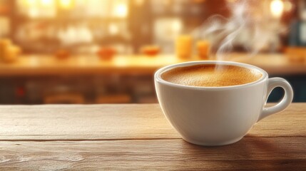 Poster - A cup of coffee with steam coming out on a wooden table, AI