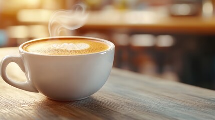 Sticker - A cup of coffee with steam coming out on a wooden table, AI