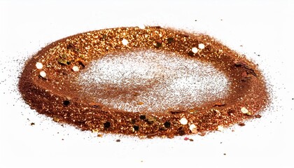 a mix of gold and copper glitter is smeared into a circle on a white background the glitter shimmers and glows creating an abstract shiny effect