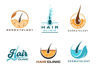 Dermatology icons, hair clinic, follicle grow, loss treatment, scalp skin care and laser therapy. Vector hair shaft, root, follicle and bulb symbols set, trichology medicine and cosmetology themes