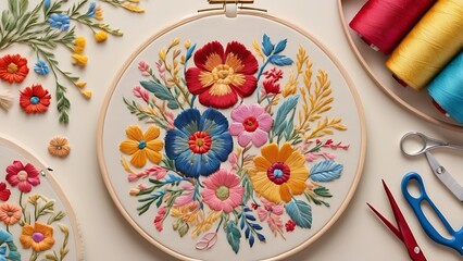 A close-up view of intricate classic embroidery, showcasing the detailed stitch work and vibrant colors of textile arts- wallpaper