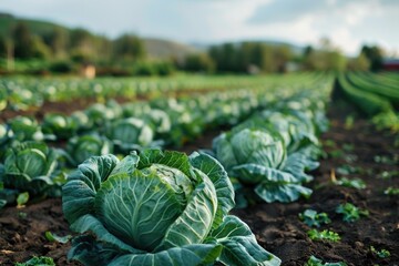 Canvas Print - A field of cabbage plants growing in a sunny environment