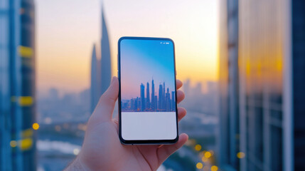 Wall Mural - A person holding up a phone with an image of cityscape, AI