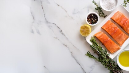 flat lay of fresh salmon marinade ingredients on white marble with copy space image