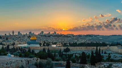 Poster - A picturesque view of Jerusalem's cityscape at sunset, with golden light and blue sky