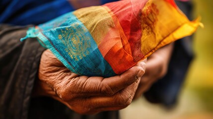 Wall Mural - A close-up of hands holding a Buddhist prayer flag, with focus on the colors and symbols of the flag