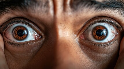 Canvas Print - A man with brown eyes looking at the camera through his fingers, AI